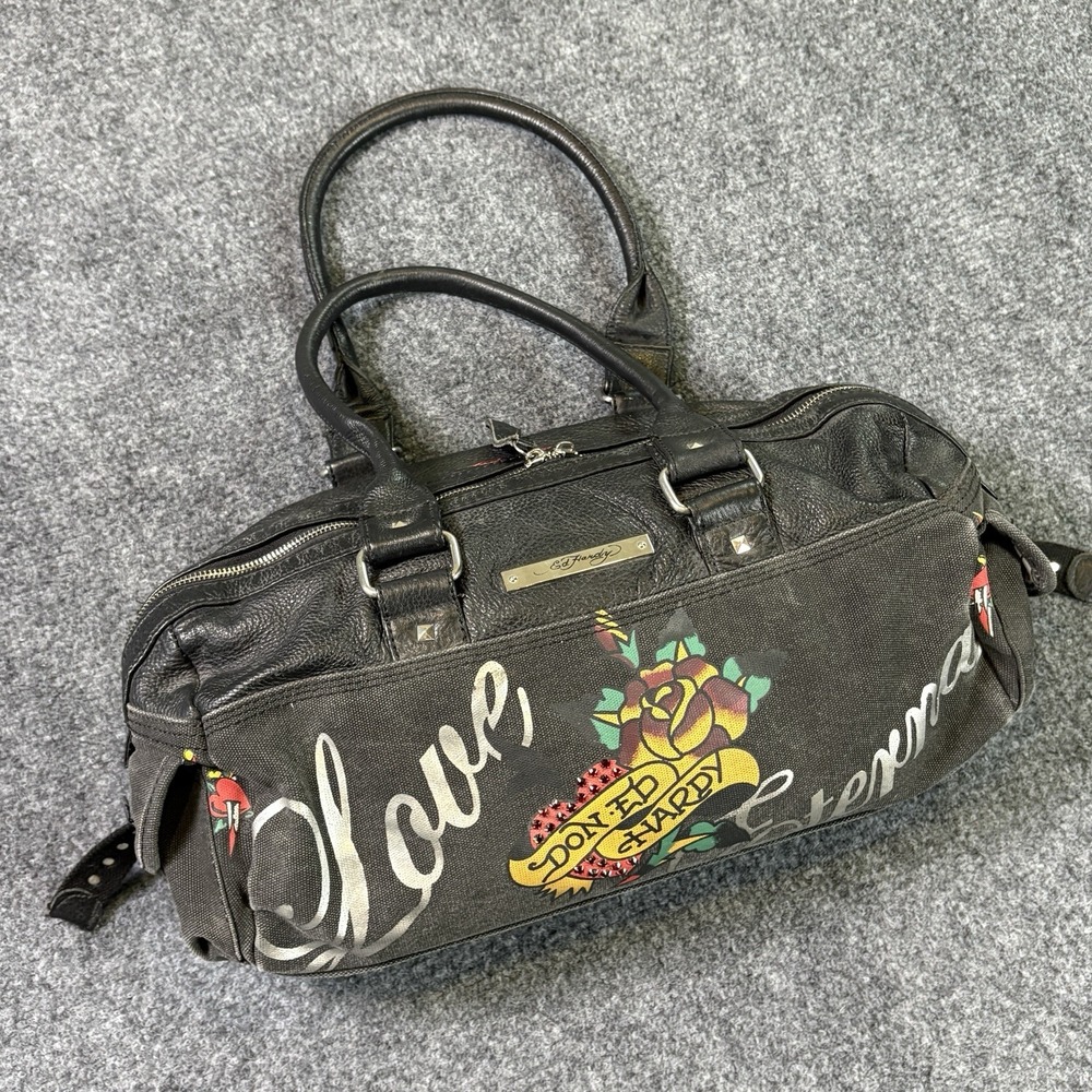 Vintage Ed Hardy Satchel Purse Black Canvas Tattoo Rose Y2K Embroidered Tote Bag